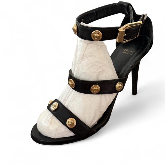 Versace Black Leather Strappy Heels with Gold Medusa Studs